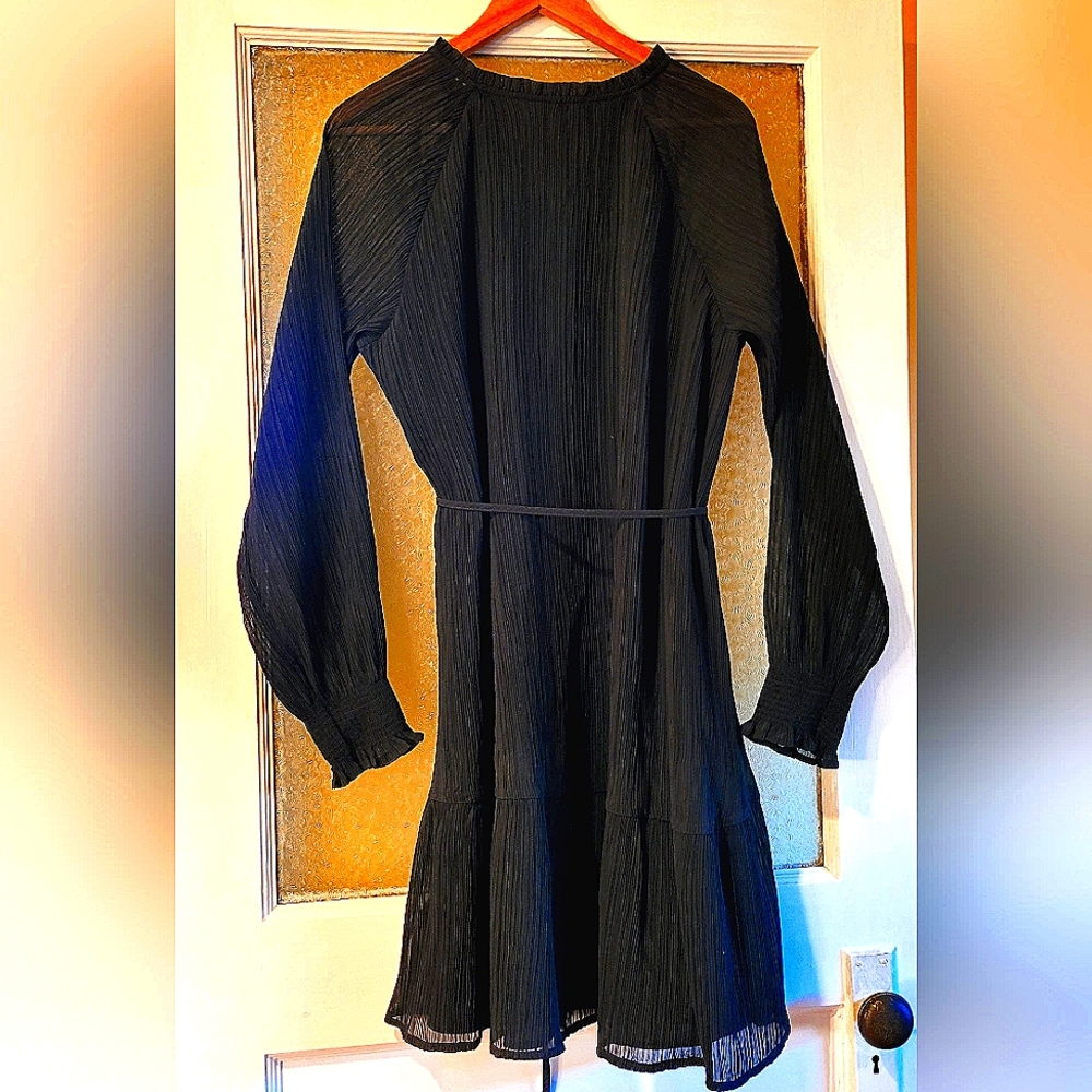 🍀❤️ NWT-LOFT-Midi Dress-Waist Sash-Long See Through- Sleeves Finely Pleaded-L - Picture 4 of 7